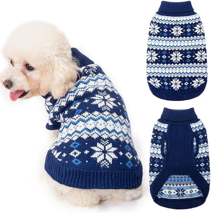 KOOLTAIL Cable Knit Dog Sweater Turtleneck, Cold Weather Pullover Classic Knitwear, Snowflake Pattern Thick Warm Winter Pet Clothes, Dog Christmas Sweater for Small Medium Large Dogs Cats, Navy Blue S