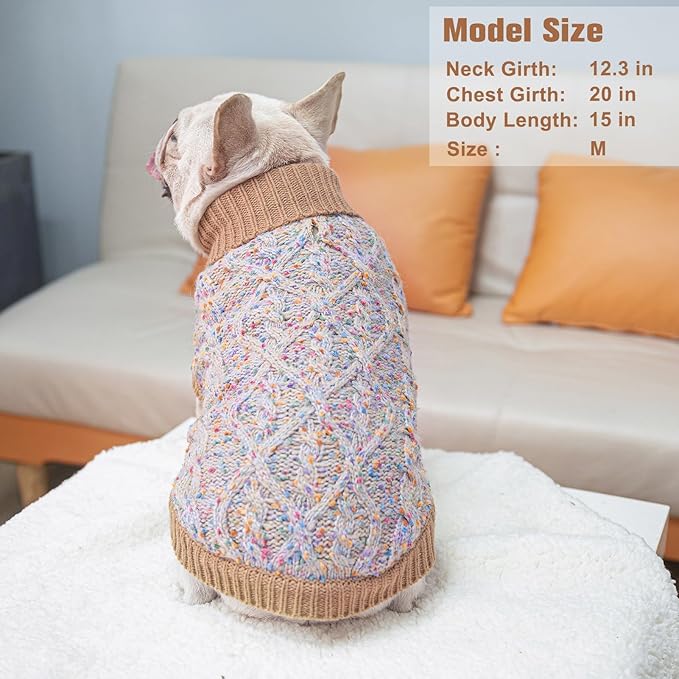 BEAUTYZOO Cable Knit Small Dog Sweater, Color Block with Fuzzy Thread Knitted Turtleneck Dog Knitwear with Dots in a Variety of Colors for Small Medium Dogs Fall Winter Dog Clothes, SM Beige