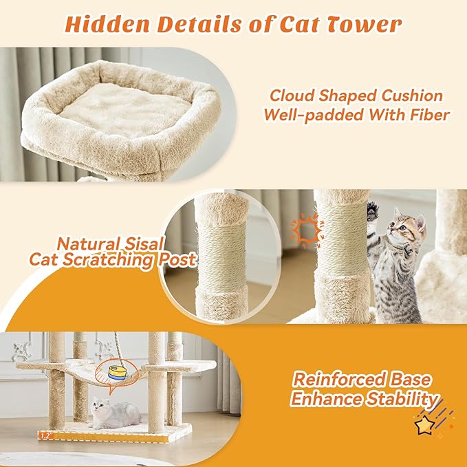 Aidoly Large Cat Tree 66 Inch, Multi-Level Tall Cat Tree Tower with Condo, Perches, Sisal Scratching Posts and Hammock, Pet Play House with Dangling Balls for Indoor Cats, Beige