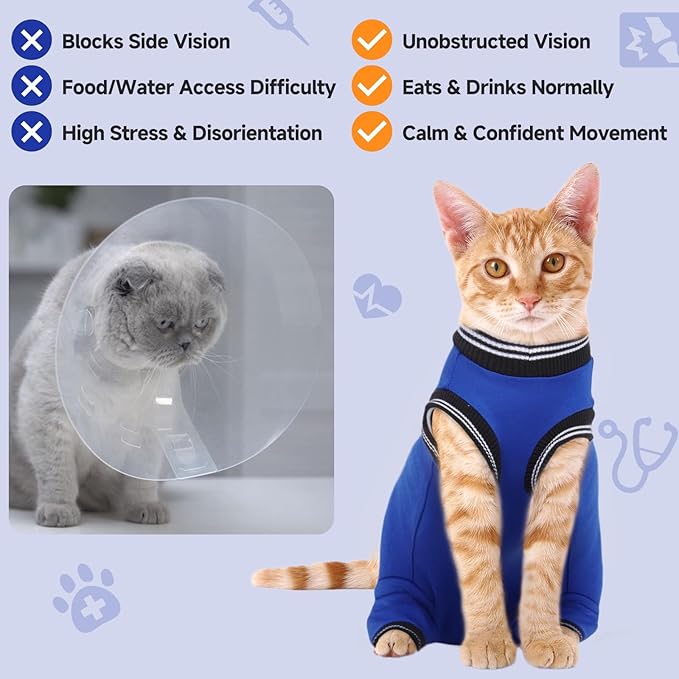 Stress-Free Cat Recovery Suit for Female Cats - Vet-Backed E-Collar Alternative, Anti-Lick & Rear Access Design RoyalBlue S