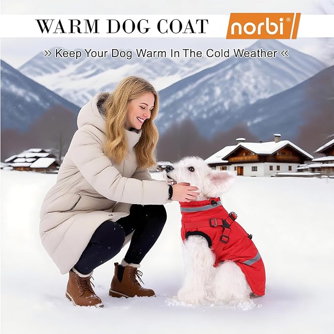 Norbi Dog Coat for Small Dogs, Winter Jacket with Built-in Harness, Water-Resistant Windproof Reflective Warm Adjustable Dog Clothes for Small Medium Dogs, Easy On Back Zipper