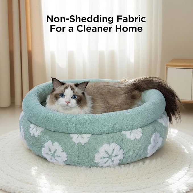BALANCE Cat Beds for Indoor Cats, Washable Round Cat Bed, Cute 3D Flower Kitten Bed with Anti-Slip Bottom for Puppy and Kitten, 20 Inches, Green