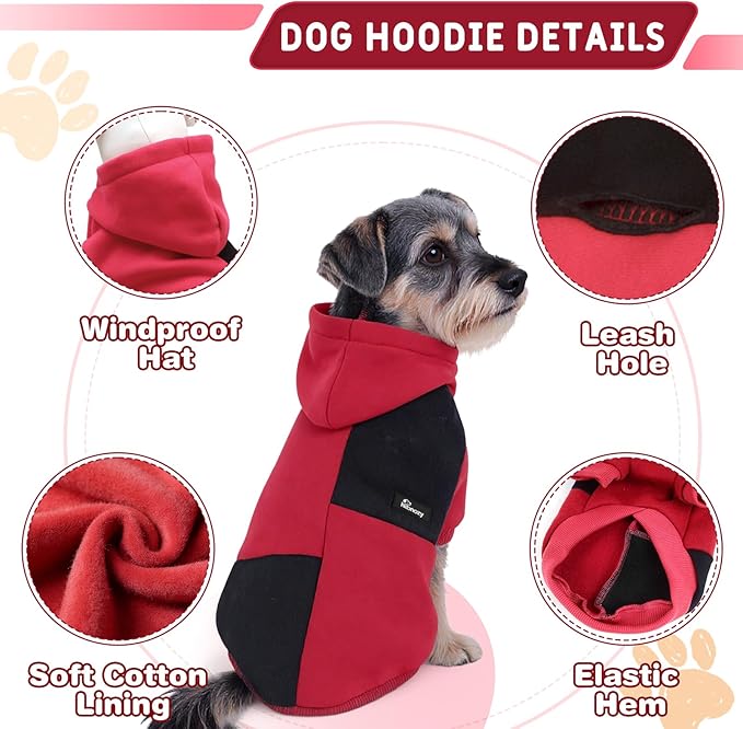 Dog Hoodie with Fleece Lining - Premium Winter Warm Dog Sweater for Small, Medium Dogs, Puppy - Dogs Sweatshirt Contrast Color Design (Red&Black, L)