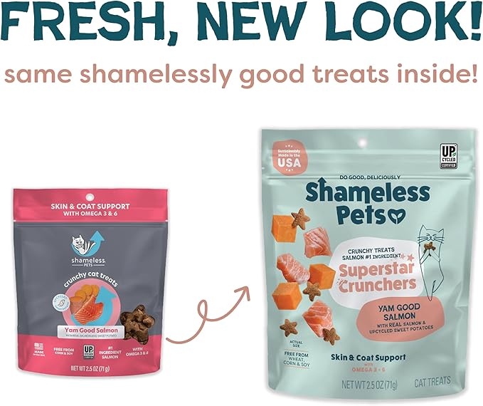 Shameless Pets Crunchy Cat Treats - Kitty Treats with Natural Salmon, Healthy Yam Good Flavors - 3-Pk