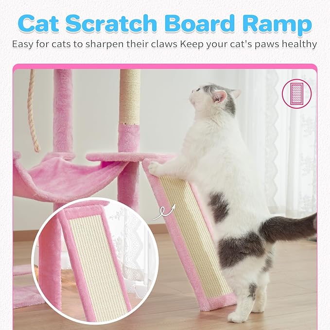ABCPET Cat Tree Tower 63in Multi-Level Cat Tower for Indoor Cats with Sisal Scratching Posts, Condo, Hammock, Dangling Ball and Extended Platform for Cats to Play, Pink
