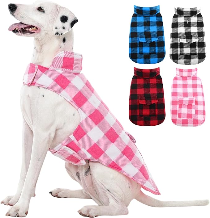Kuoser Dog Winter Coat, Windproof Dog Fleece Jacket British Style Plaid Cold Weather Doggie Vest Coats, Reversible Cozy Warm Pet Clothes Apparel for Extra Large Size Dogs XXXL