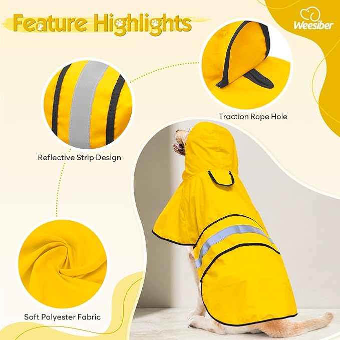 Weesiber Dog Raincoat, Adjustable Waterproof Dog Rain Jacket Poncho with Reflective Strip and Leash Hole, Lightweight Pet Rain Coat for Small to X-Large Dogs (S, Yellow)