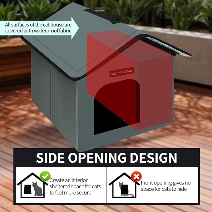 Rest-Eazzzy Cat House for Outdoor Cats, Weatherproof and Insulated Feral Cat House with Mat and Clip, Easy to Put Together, Selfwarming Cat Shelter for Winter(Grey, Waterproof House-S)