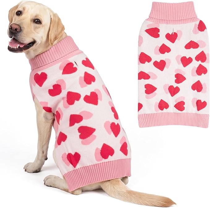 KYEESE Valentines Dog Sweater, Warm Large Dog Sweater with Heart Print, Turtleneck Pet Sweaters for Large Dogs, Soft Pet Sweaters Medium Size Dogs, Stretchy Pets Clothes Coat with Leash Hole, 2XL