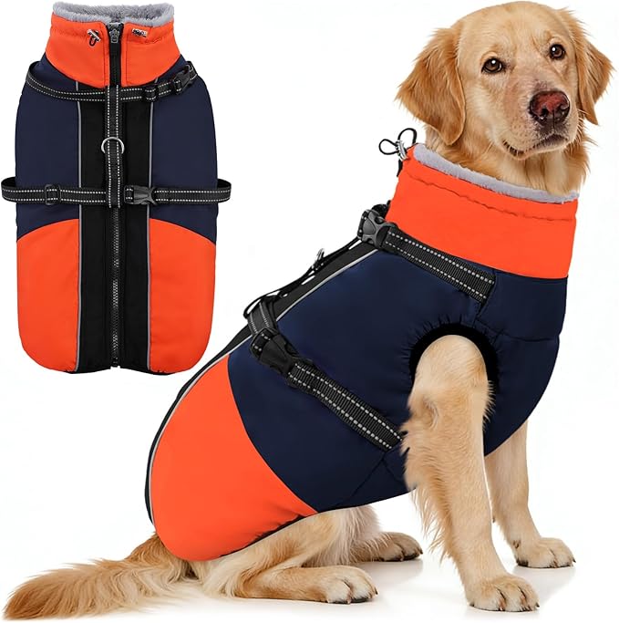AOFITEE Dog Coat, Windproof Turtleneck Dog Jacket with Built in Harness, Reflective Dogs Jackets with Fleece Lining, Waterproof Pet Winter Coat for Cold Weather for Border Collie, Beagle, Blue XL