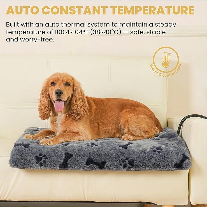 PetTemp Pet Heating Pad for Cats Dogs Indoor & Sheltered Outdoor Waterproof Heated Cat Bed Heated Dog Bed Chew Resistant Cord Constant Temperature Gray Paw Print 26 x 20 Inch