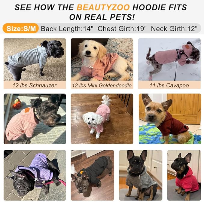 BEAUTYZOO Dog Hoodie with Leash Hole and Pocket,Dog Sweaters for Small Medium Large Dogs Boys Girls,Waffle-Like Laminated Cotton Warm Outfits for French Bulldogs, Pitbull, Winter Puppy Clothes Jacket