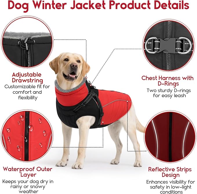 ASENKU Reflective Dog Coat with Built-in Harness, Windproof Fleece-Lined Dog Jacket for Small, Medium, Large Dogs, Warm Winter Vest with Turtleneck & Zipper (Red XS)