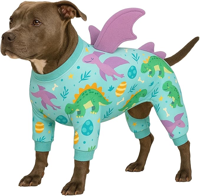 LovinPet Large Dog Pajamas, Four-Leg Stretch Onesie Bodysuit, Lightweight UV-Shielding Pajamas, Anti-Lick Calming Recovery Suit for Surgery, 3D Dino Wing Design with Soft Spikes， Blue Purple， M