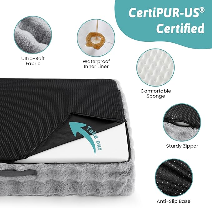 COZY KISS Orthopedic Dog Bed for Medium Small Size Dog, Soft and Warm Faux Fur Sofa for Pet Up to 40 lbs, Foam Bolster Anti-Slip Couch with Washable Removable Cover, M 30x20x6.5 inch, Grey