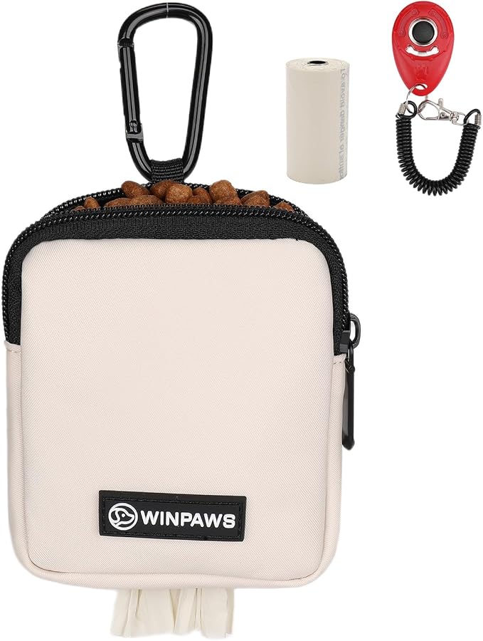 Dog Treat Pouch with Training Clicker,Waterproof Nylon Fabric Poop Bag Holders for Leashes,Hands Free Small Dog Walking Bag with Carabiner, Pet Puppy Training Walking Essentials (Beige)