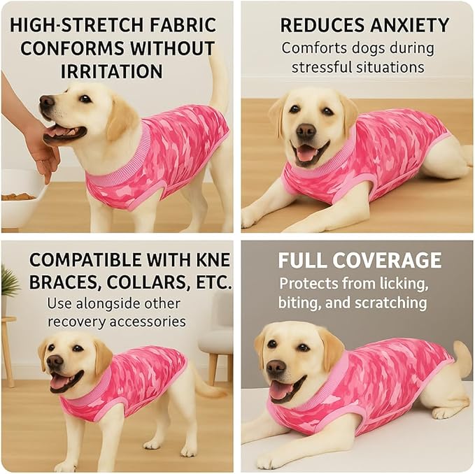 PetWarm Recovery Suit for Male Dogs Neutered, Anti-Licking Dog Onesies, Surgery Suit for Dogs, Pet Recovery Shirt Dog Abdominal Wounds Bandages, Camouflage Pattern, Pink, XL