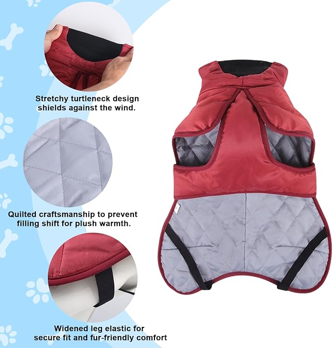 DoggieKit Dog Winter Coat, Waterproof Warm Jacket with Harness Built in, Reflective Cold Weather Doggie Vest, Windproof Turtleneck Pet Snowsuit, Adjustable Puffer Jacket for Medium Dogs, Red XL