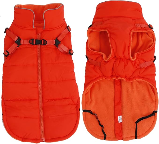 Geyecete Winter Warm Coat Waterproof Dog Winter Jacket with Harness Traction Belt,Windproof Pet Outdoor Jacket Dog Autumn-Orange-S