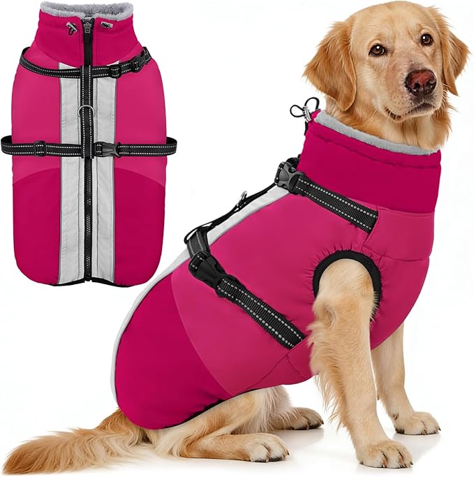 AOFITEE Dog Coat for Large Dogs, Waterproof Dog Winter Jacket with Built in Harness, Warm Turtleneck Cold Weather Coats Large, Reflective Fleece Lined Snow Jacket for French Bulldog, Boston Terrier, L