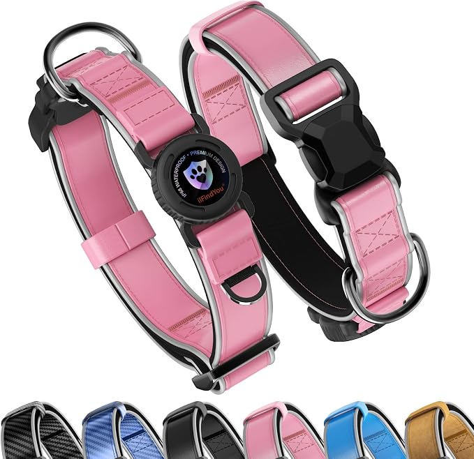 Leather AirTag Dog Collar, Magnetic Buckle, Reflective, Pink L