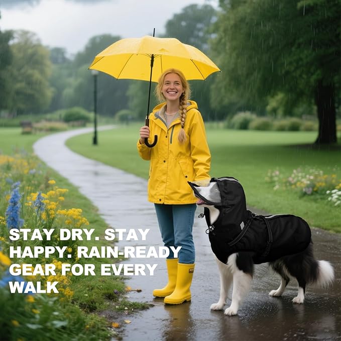 Dog Raincoat XXL, Waterproof Dog Raincoats For Large Dogs with Adjustable Built-in Harness & Back Zipper,Reflective Strip,Removable Hood,for Rainy Walks, Muddy Roads or After-Bath Outings-Black