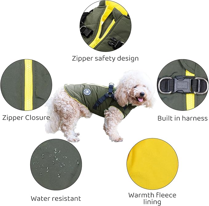 Norbi Dog Winter Coat with Harness Built in, Waterproof Windproof Jacket, Warm Puffer Vest for Small Medium Large Dogs, All Weather Cold Weather Gear for Walking(Green, XL)