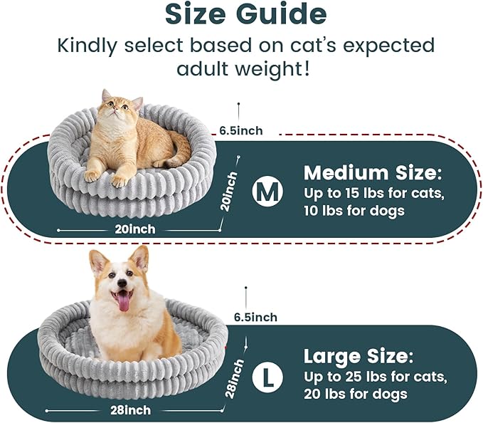 Petinstinct Cat Beds for Indoor Cats, Machine Washable Orthopedic Donut Dog Bed for Small Dogs, Fluffy Round Pet Bed with Anti-Slip Bottom for Puppy and Kitten, Gray, 20"x20"x6.5"