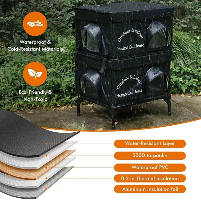 Yeatruojeet 2 Story Heated Cat House for Outside, 100% Waterproof, Safe Escape Door, Elevated Base, Weatherproof Insulated Shelter for Stray Feral Barn Cat