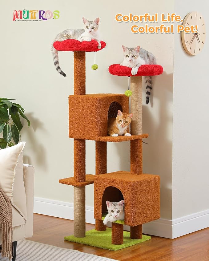 MUTTROS Cat Tree for Indoor Cats, 52.4" Tall Cat Tower with 2 Flower Perches, 2 Cozy Condos & 2 Sisal Scratching Posts - Multi-Level Kitty Climbing Furniture, Pet Playhouse for Adult Cats, Brown/Red