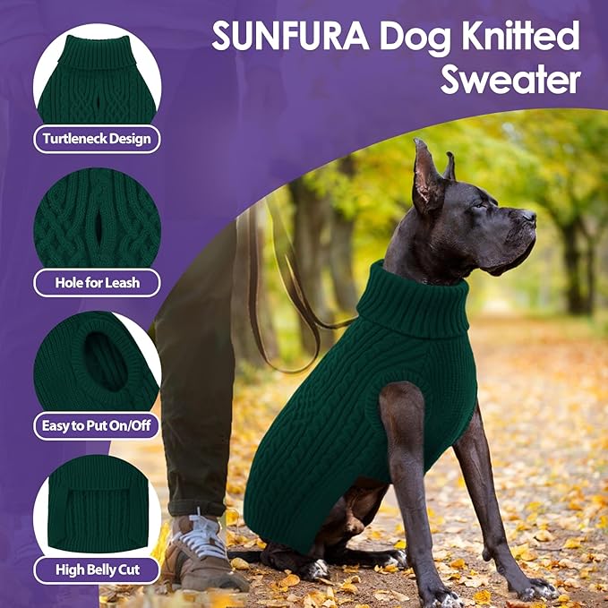SUNFURA Christmas Dog Sweaters for Large Dogs, Large Dog Sweater for Christmas Holiday, Warm Winter Fall Pet Sweaters for Dogs Girls Boys, Turtleneck Sweatshirt for Corgi, French Bulldog, Green L