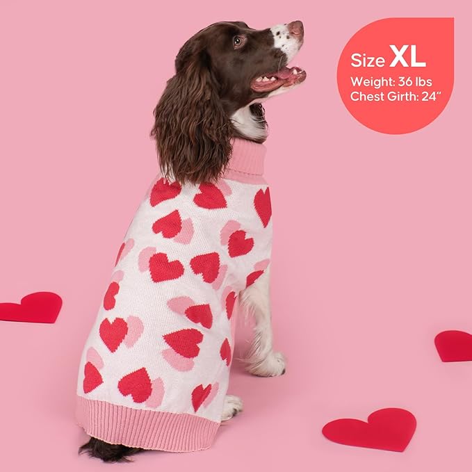 KYEESE Valentines Dog Sweater, Warm Large Dog Sweater with Heart Print, Turtleneck Pet Sweaters for Large Dogs, Soft Pet Sweaters Medium Size Dogs, Stretchy Pets Clothes Coat with Leash Hole, 2XL