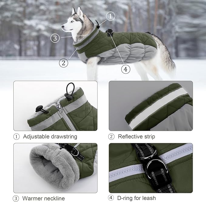 Lelepet Dog Coat Warm Dog Winter Coat Waterproof Dogs Jacket with Harness Built in Reflective Pet Fleece Vest Zip-Up Cold Weather Coats for Medium Dogs Turtleneck & Windproof Dachshund Army Green M