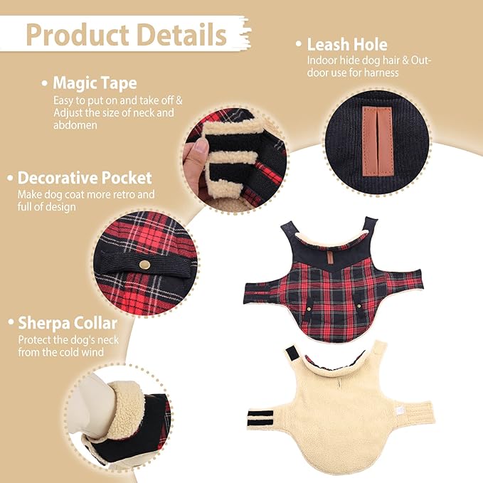 Winter Coat for Small Dogs, Puppy Plaid Jacket, Cotton Coat for Cold Weather, Windproof Warm Dog Garments, Pet Thickened Outfits Indoor Outdoor, Red XS