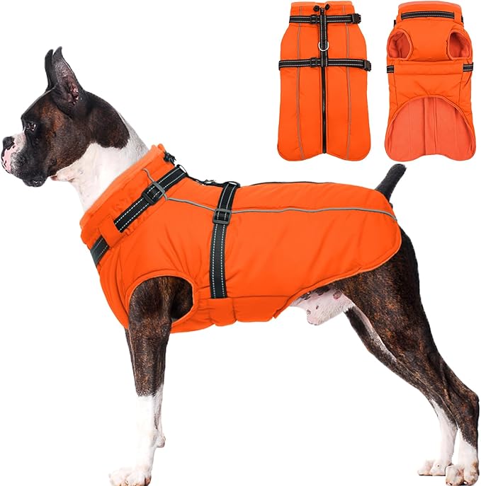 Lelepet Dog Winter Coat Waterproof Dog Jacket with Harness Built in Windproof Reflective Pet Coats for Small Medium Large Dogs, Thermal Fleece Lined Coats for Cold Weather Walking Hiking, Orange, M