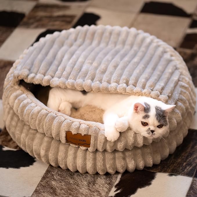 CHEERPALS Cat Cave Bed for Indoor Cats, Washable Covered Cat Bed Hooded Kitty Bed Soft Fluffy Pet Bed for Puppy and Small Dog(Khaki)