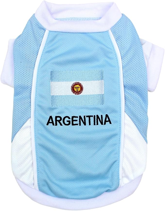 Parisian Pet Dog Jersey - Embroidered 'Argentina' Breathable Mesh Fabric Sports Costume - Football, Olympic Sportswear - Lightweight Dog Jerseys - L