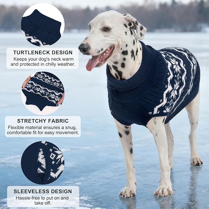 BEAUTYZOO Dog Christmas Sweater for Large Dogs Boy Girl,Thick Warm Winter Turtleneck Pullover Cable Knit Big Dog Sweaters Pitbull Labrador Golden Retriever Clothes Male Female Pet Jacket, Navy Blue XL