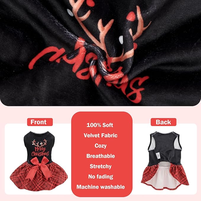 CuteBone Christmas Dog Dresses Velvet Holiday Small Dogs Clothes Onesie Pet Apparel Girl Puppy Skirt with Bow Hair Rope CVA59XS-D