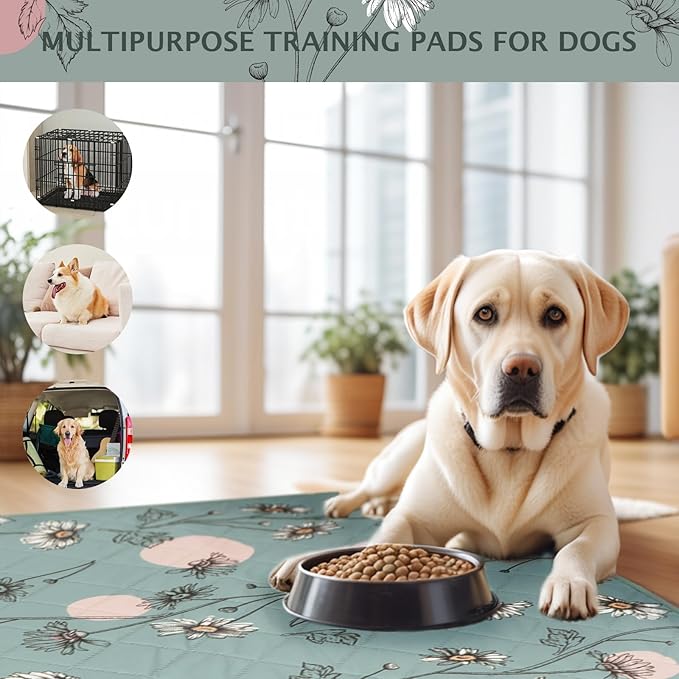 IEUUMLER Washable Pee Pads for Dogs, 1 Pack Non-Slip & Waterproof Pack Whelping Pad, Reusable Washable Puppy Potty Training Pad with Fast Absorbent for Playpen EU007 (Green Daisy, 63"X63"-1pcs)
