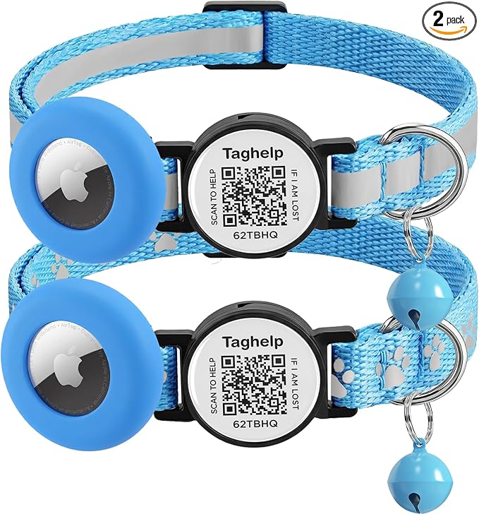 2 Pack Airtag Cat Collar, Breakaway Cat Airtag with Smart ID tag & QR Code Reflective (Reflective Strip & Paw Pattern - Blue, with Integrated AirTag Holder)