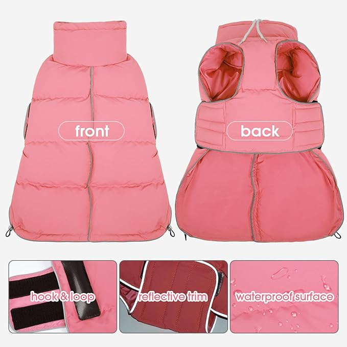 FUAMEY Dog Puffer Jacket for Large Dogs,Dog Cold Weather Coats Winter Dogs Down Jackets Waterproof Pet Snowsuits Warm Puppy Winter Vest Turtleneck Pets Adjustable Jackets Coats Pink XXL
