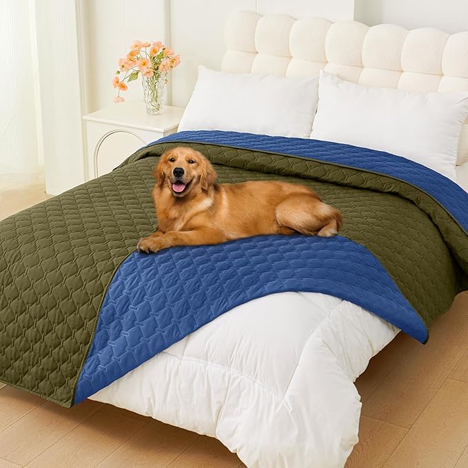 Smiry Waterproof Dog Bed Cover Blanket, Soft Reversible Pet Blanket, Washable Leakproof Cats Dogs Couch Cover for Sofa, Couch, Furniture, Plaid (82x82 Inch, Green/Navy)