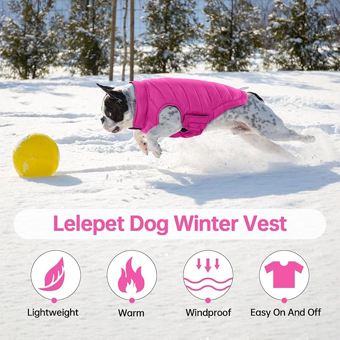 Lelepet Reversible Dog Coat Waterproof Dog Jacket Windproof Puffer Vest for Winter Warm Lightweight Coats for Medium Dogs Adjustbale Hook & Loop Pet Apparel with Leash Hole, French Bulldog, Rose Red L