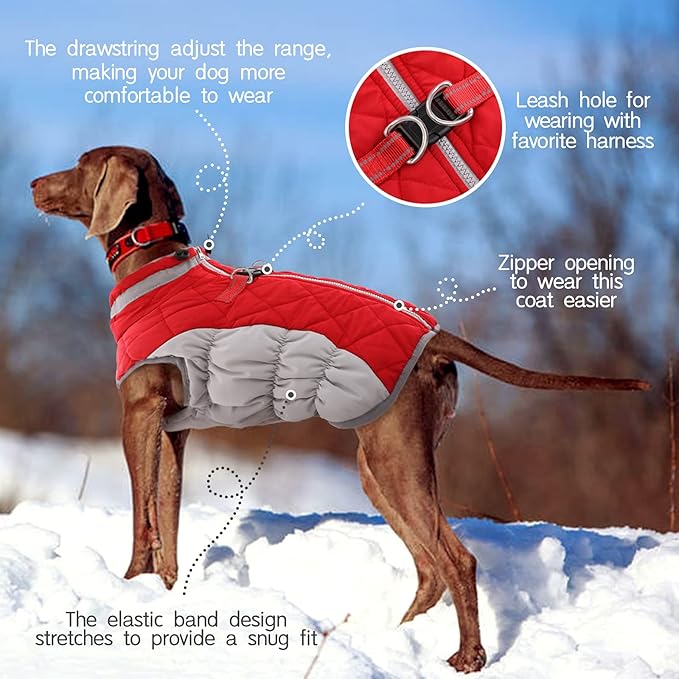 FUAMEY Dog Coat for Large Dogs,Waterproof Dog Winter Jacket with Harness Built in Puppy Cold Weather Coats Reflective Pet Vest with Zipper Warm Fleece Dogs Snowsuit Windproof Red XL