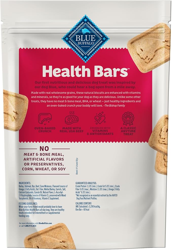 Blue Buffalo Health Bars Crunchy Dog Biscuits, Oven-Baked With Natural Ingredients, Beef, 16-oz Bag