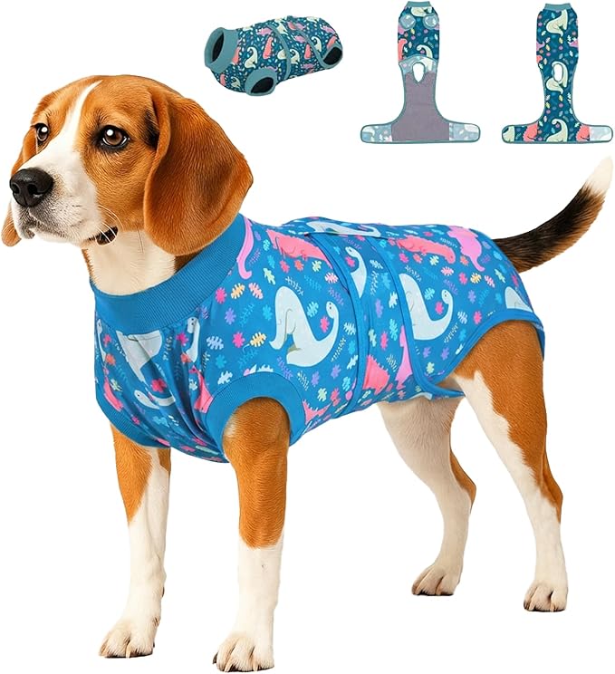 PetWarm Male Dog Recovery Suit, Dog Bodysuit, Substitute E-Collar and Cone, Pet Surgery Recovery Suit, Female Male Onesie for Dogs Spay Neuter, Dinosaur Pattern, Multi-Colored, M