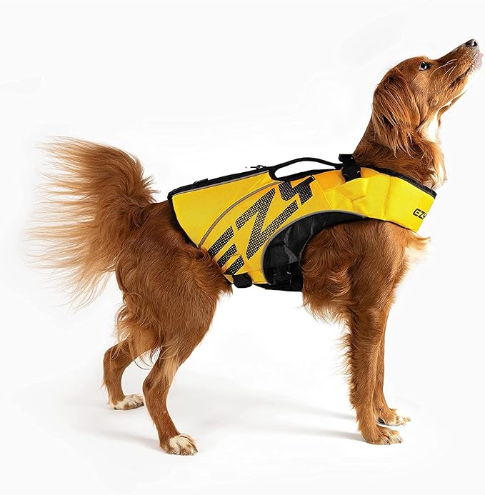 EzyDog DFD X2 Dog Life Jacket - Adjustable Swimming Safety Life Vest Preserver with Continuous Neck Flotation, Reflective Trim, & Grab Handle (XL, Yellow)