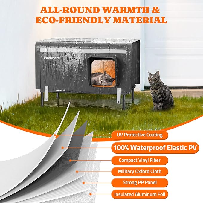 Pawtners Heated Outdoor Cat House for Outside Cats, 26'' XL Insulated Weatherproof Cat Shelter with Heated Pad, Elevated Feet & Escape Door, Warm Kitty House for Feral or Stray Cats in Winter