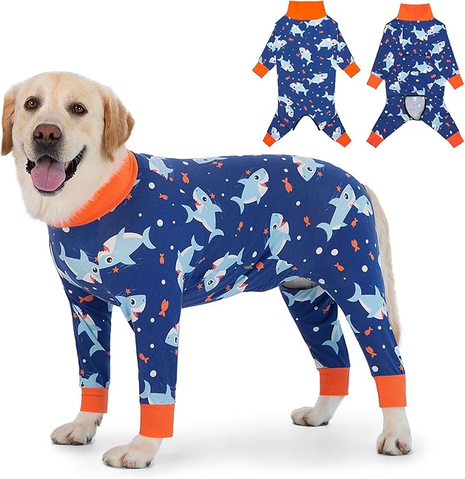 Dog Recovery Suit After Surgery Female Male, Medium Large Dog Neuter Shirt Cone Alternatives Prevent Licking Surgical Onesies (Blue Shark, 5XL)